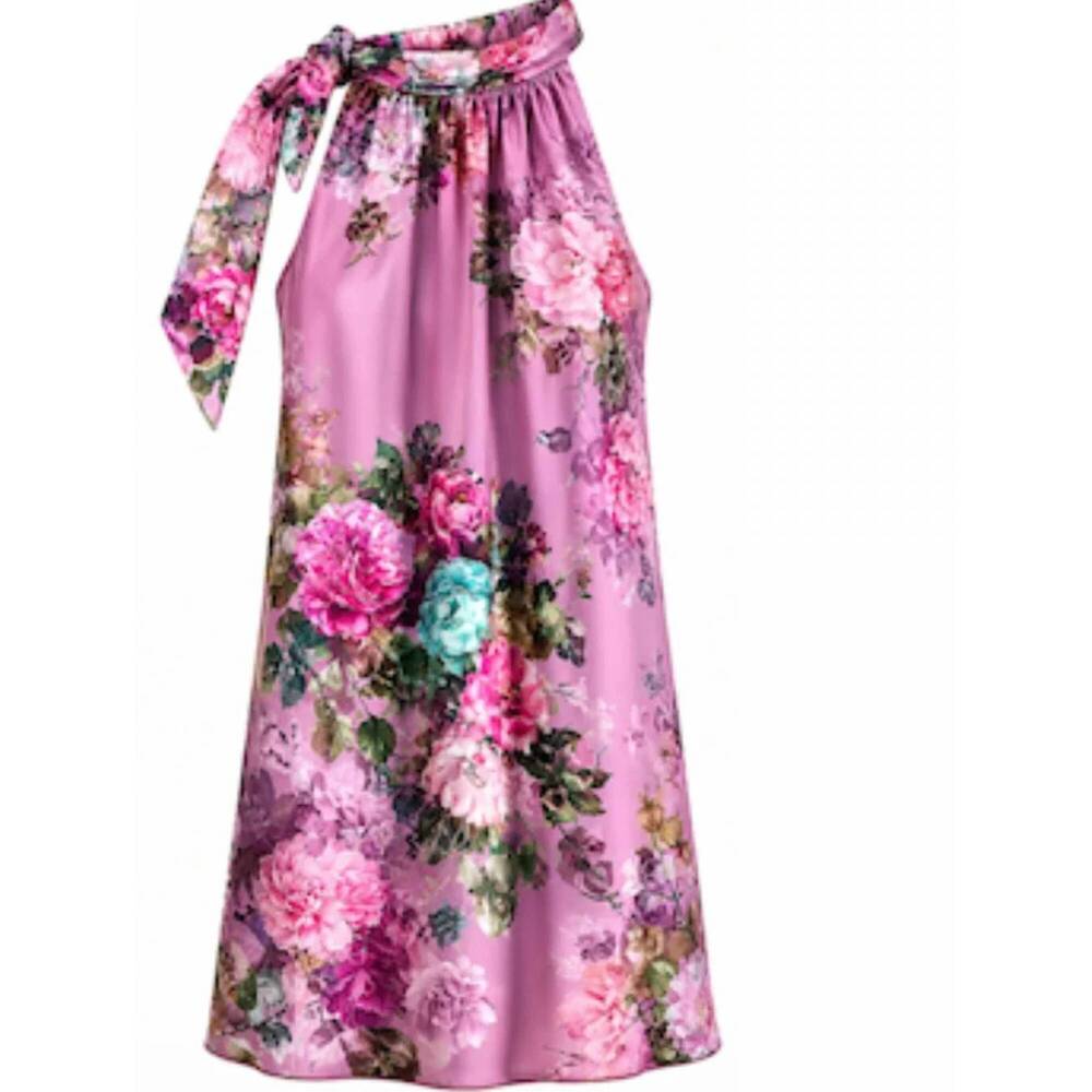 NEW KARMAMIA women's satin halter top in violet floral